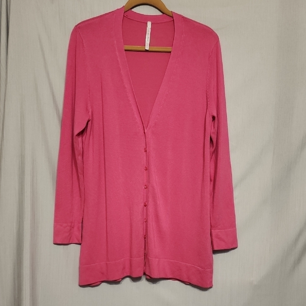 Leo & Nicole Pink Longline Cardigan Sweater V-Neck Button Front Knit Layering